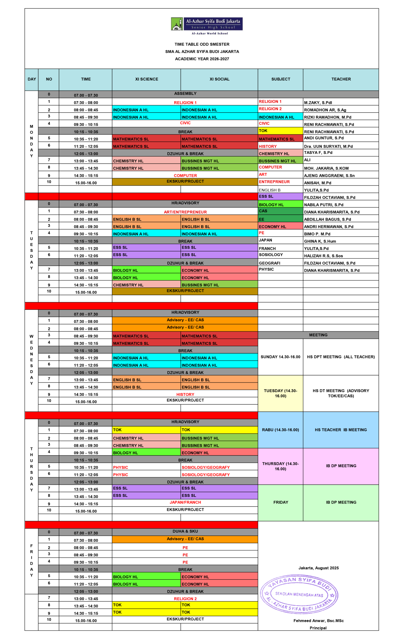 IBDP Odd Semester Timetable Full View
