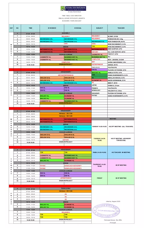 IBDP Odd Semester Timetable